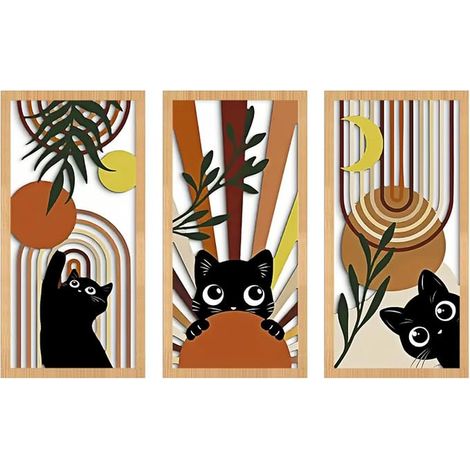 Wooden Wall Sculptures, Boho Chic Decor, 3 Pieces with Cats Vases, Tropical Leaves, Sun and Moon, Decorative Wall Art for Living Room, Bedroom, Office (1/5)