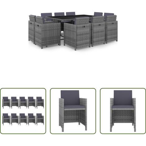 Rattan-Tisch - 11-tlg. Garten-Essgruppe mit Auflagen Poly Rattan Grau (1/5)
