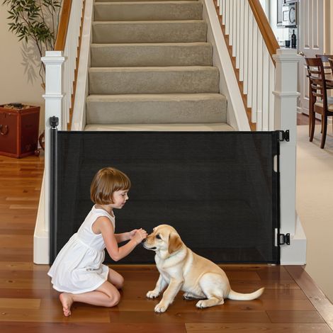 Barrière de Sécurité Extensible, Clôture en Maille 145 cm de Large et 98 cm de Haut, Barrière Rétractable pour Animaux de Compagnie, avec Verrou de Sécurité, pour Couloir Escalier, Noir (1/5)