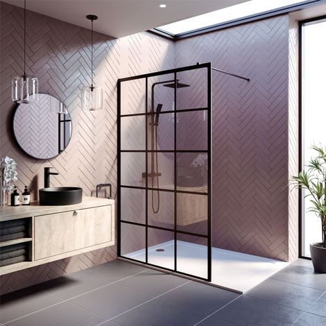 Wet Room Screen Walk In Enclosure 8mm Grid Glass Frameless Black 1200mm (1/5)