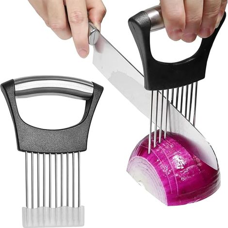 Grille à oignons en acier inoxydable avec couvercle, trancheuse à légumes (convient aux tomates, citrons, etc.), ustensiles de cuisine (noirs). (1/5)