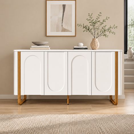 Buffet bas, Enfilade meuble de rangement pour salon salle à manger entrée, 4 portes en relief arche, MDF et pieds en métal, 160x35x80,5cm, Buffet de rangement scandinaves, Blanc et Or (1/5)