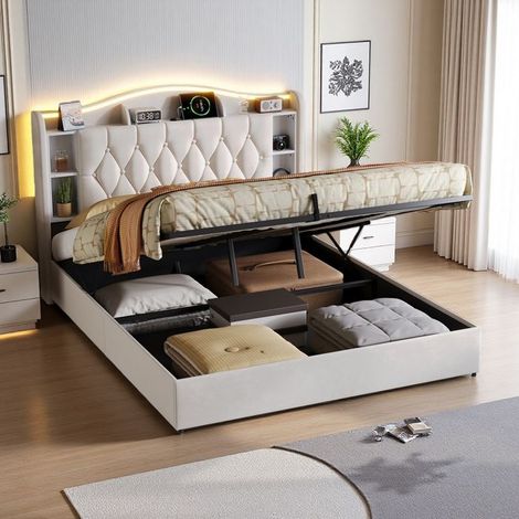 Cama lit coffre - 140x190 hidráulica - Terciopelo beige capitoné - LED RGB 60 000 colores - Carga inalámbrica 15W