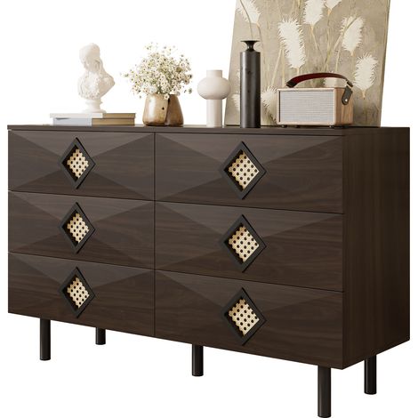 Elegante toletta a 6 cassetti con maniglia in rattan, ideale per camera da letto e soggiorno: pratico spazio contenitivo e stabilità, perfetta per la tua casa.