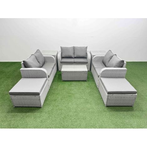 Fimous 8 Seater PE Wicker Rattan Furniture Sofa Sets with Rectangular Coffee Table 2 Seater Love Sofa 2 Big Footstool 2 Side Table Light Grey (1/4)