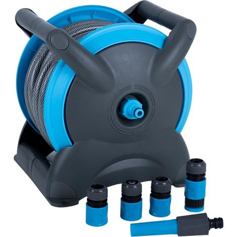Avvolgitubo da parete, avvolgitubo acqua con tubo 15 mt avvolgitubo montabile, in plastica, attacchi a sgancio rapido, blu grigio (1/5)