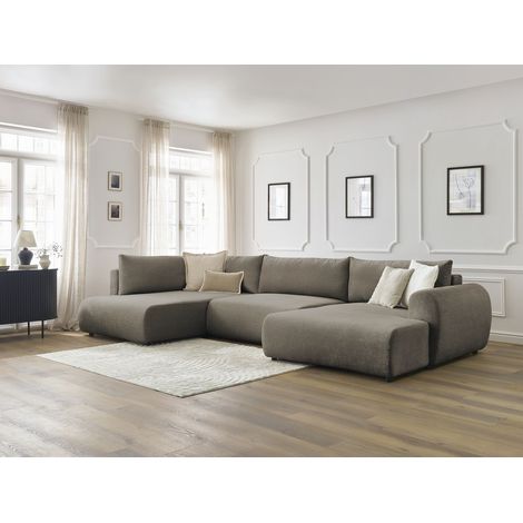 BOBOCHIC - Canapé panoramique convertible coffre LUCIEN tissu lisse Angle droit Taupe (1/5)