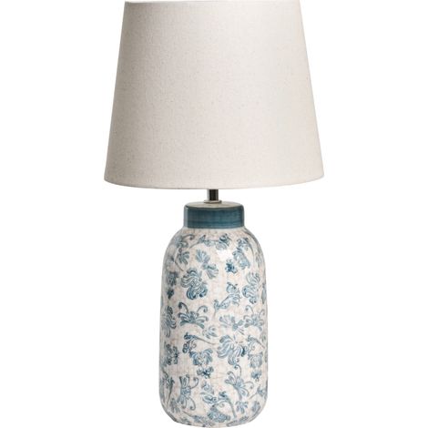 Lámpara de mesa estilo mediterráneo base de cerámica motivo floral pantalla de lino en forma de tambor blanco y azul Lempa (1/5)