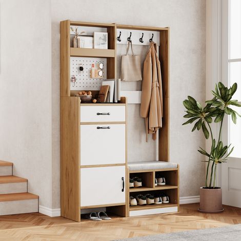 Mueble de entrada con zapatero, banco y 1 cajón, 108,5 x 35 x 180 cm OKMYHOME (1/5)