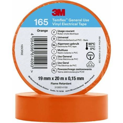 3M – Ruban isolant vinyle orange 20m x 19mm x 0.152mm – Résistance jusqu'à +90°C – Pour applications électriques et isolation
