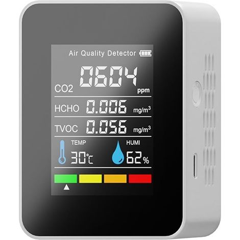Moniteur de détecteur de gaz 5 In1 Moniteur d'air CO2 Détecteur de dioxyde de carbone Entrepôt Qualité de l'air Température Humidité TVOC HCHO Moniteur Mesure Mètre Détection en temps réel de haute pr (1/5)