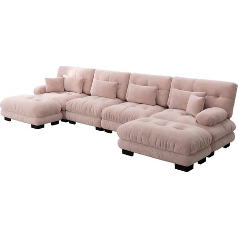 Sofá modular esquinero en chenilla rosa, 4 plazas, con otomana móvil (1/5)