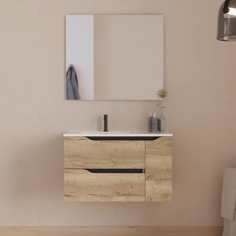 Meuble de salle de bain 80cm avec vasque déportée à gauche et miroir - 2 tiroirs et un placard - madera miel (bois clair) - ZARZA (1/5)