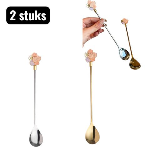 Lot de 2 cuillères à dessert en acier inoxydable 20,5 cm avec motif fleurs de cerisier et long manche finitions argenté et doré (1/5)