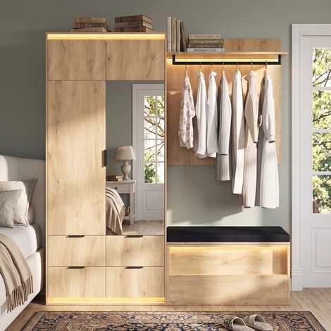 MODFU – Ensemble vestiaire entrée 180x47x200 cm MDF – Miroir, banc et LED – 4 tiroirs et 2 tringles – Entrée – Chêne/anthracite (1/5)