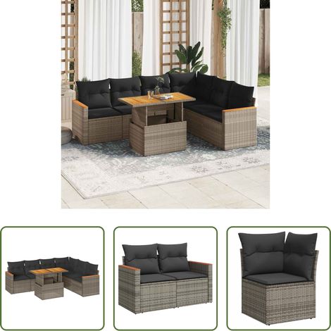 vidaXL Rattanmöbel - 7-tlg. Garten-Sofagarnitur mit Kissen Grau Poly Rattan Akazie (1/5)