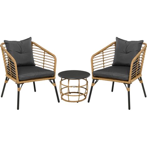 Ensemble Bistro en Rotin PE, 3 pièces avec 2 Fauteuils et Table Basse en Métal, Coussin Beige et Gris Foncé (1/5)