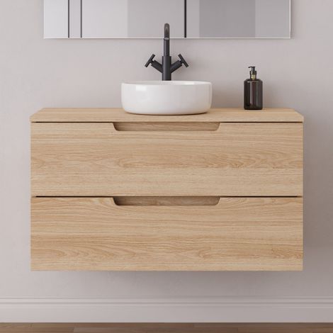 Meuble de salle de bain 100cm avec plateau et vasque à poser ronde - 2 tiroirs - sans miroir - roble era (chêne clair) - SONRIZA (1/5)