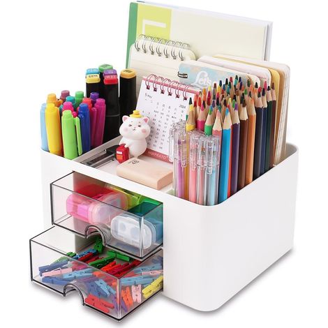 Büro-Organizer mit 2 Schubladen, 19x14 cm, multifunktional, große Aufbewahrung für Stifte und Make-up (weiß). (1/5)