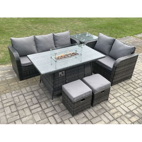 Fimous Polyrattan Gartenmöbelset Gasfeuerstelle Esstisch und Sofa set mit Beistelltisch 2 kleine Fußhockern