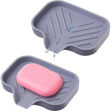2 supports à savon rectangulaires en silicone gris autonettoyants, plateaux à savon à effet cascade, pour évier de cuisine et salle de bain (1/4)