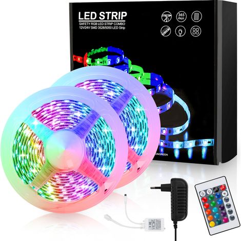 Wolketon 10m ruban LED interieur, guirlande lumineuse auto-adhésive, dimmable, 300 LEDs(2x5m), changements de couleurs, livré avec télécommande à 24 touches