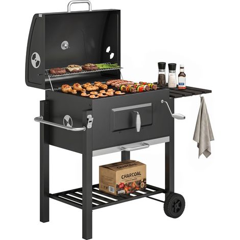Grill fumoir 113x65x108 cm, étagère rangement, porte-serviettes, deux grilles cuisson, noir complet et solide. (102 ) (1/5)