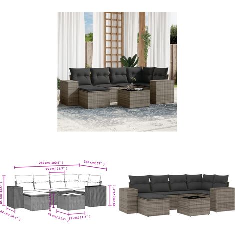 7-tlg. Garten-Sofagarnitur mit Kissen Grau Poly Rattan - Gartenmöbel Set - PE-Rattan Möbel - Outdoor Lounge - Esstisch - Sofasatz - Home & Living