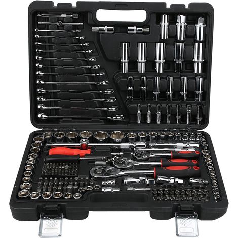 Coffret à clés à cliquet 216 pièces Ensemble d'outils 1/4", 3/8", 1/2" pouces Ensemble d'outils en vanadium et embouts avec adaptateurs pour visseuse à batterie Set d'outils (1/5)