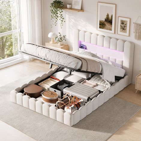 lit coffre 140x200cm, lin beige, sommier à lattes, tête de lit style troncs d'arbre avec rangement LED et ports USB, rangement hydraulique, chambre adulte et ado, design moderne