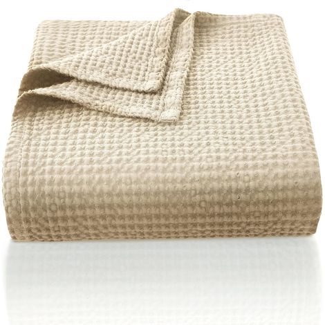 Couverture 100 % coton - 220 x 240 cm - Douce et respirante - Motif gaufré - Couverture légère - Pour salon, canapé, canapé - Beige (1/5)