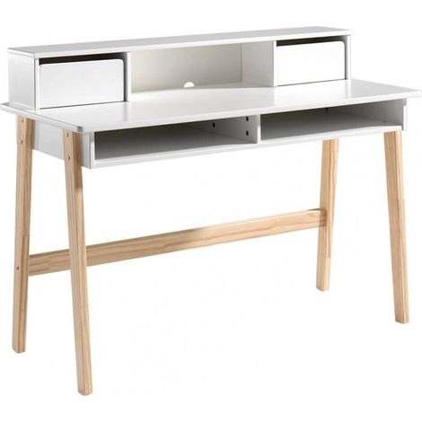 BODHI WHITE - Bureau 2 Tiroirs + Niches Blanc et Bois (1/4)