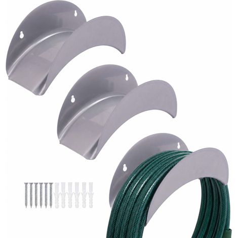 Soportes para manguera Relaxdays, juego de 3, cada uno para hasta 38 m de manguera, montaje en pared, plateado (1/5)