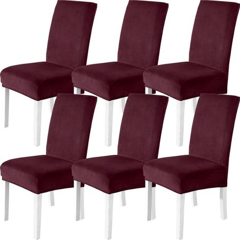 Stuhlhussen Samt 6er Set, Stretch Stuhlbezug für Hochlehner & Schwingstühle, Bordeaux (1/5)