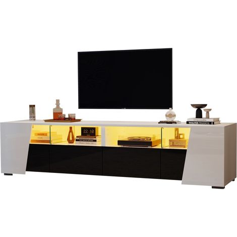 Meuble TV avec éclairage LED-2 tiroirs et 2 armoires-étagères ouvertes-blanc et noir-pour TV 80"-180x38,5x45cm (1/5)