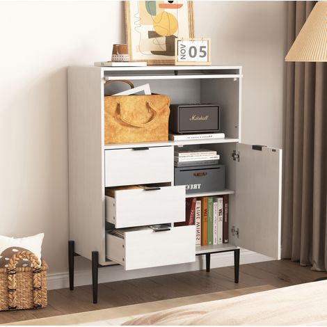 Aparador 85x40x120 cm blanco en tablero de partículas con 3 cajones, 1 puerta y 1 puerta de cristal (1/5)