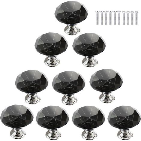 10 poignées de porte pour tiroirs et armoires, en cristal de 30 mm, forme diamant, avec vis - noir (1/5)