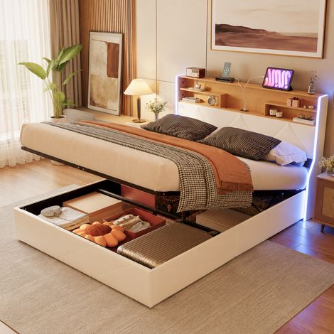 Lit coffre 140×200 cm,lumière LED et port USB,lit double rembourré,tête de lit rangement style bibliothèque,cadre de lit 140×200,rangement hydraulique,sommier à lattes,lit adulte,lit ados,PU,Beige (1/5)