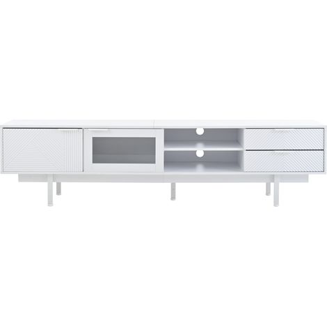 Meuble tv 200x40x50,5 cm blanc avec 2 portes et 2 tiroirs, grand rangement, meuble bas pour écran jusqu’à 80 pouces