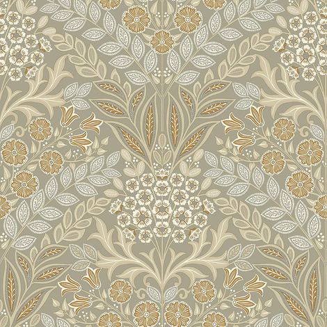 Belvedere Floral Wallpaper Sage Green Cream White Natural Metallic Gold Leaf
