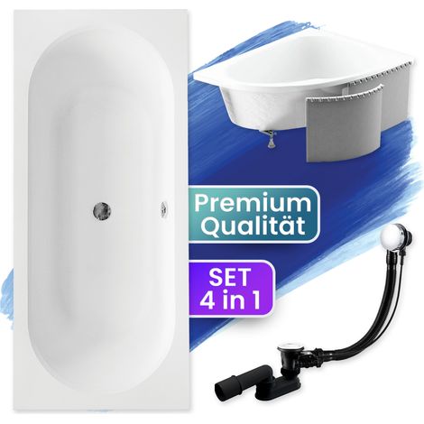 Badewanne Rechteck 170x75 mit Styroporverkleidung, Ablaufgarnitur & Füßen GRATIS - Komplettset 4in1 Original Acryl Wanne Siphon - BADLAND VITAE (1/5)