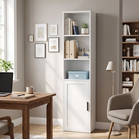 Bibliothèque, 5 Niveaux, Étagère à Livres avec Portes, 31,8 x 24 x 145,9 cm, pour Salon, Bureau, Salle à Manger, Blanc (1/5)