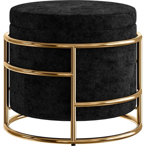 Pouf de rangement et repose-pieds rembourré en métal plaqué or, couleur noir (1/5)
