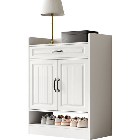 Schuhschrank mit 2 Türen, 1 Schublade, 1 Offenem Fach und Verstellbarem Einlegeboden für Eingangsbereich, Weiß 75×36×95.5 cm (1/5)
