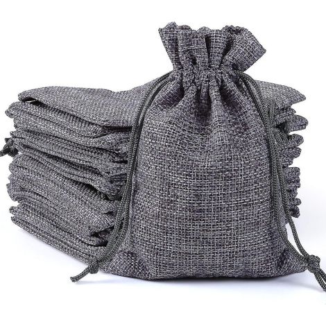 Lot de 20 pochettes cadeaux en lin et jute, sacs en toile de jute à cordon, pochettes à bijoux, emballage de rangement pour fêtes, gris (1/4)
