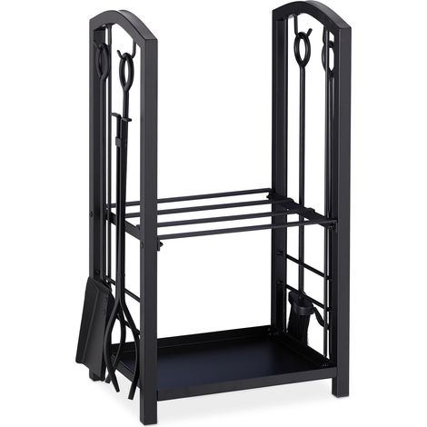 Servito camino moderno con porta legna scaffale portalegna camino 4 pezzi in acciaio nero 130007255