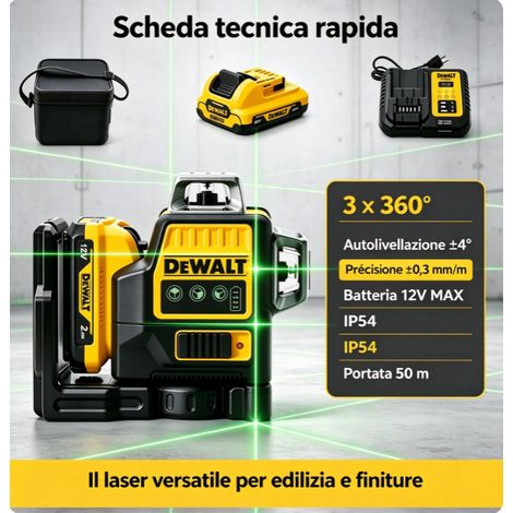DEWALT DW089LG Livella Laser Raggio Verde Alta Visibilità 3x360 Autolivellante Kit Batteria 12V + Caricabatterie