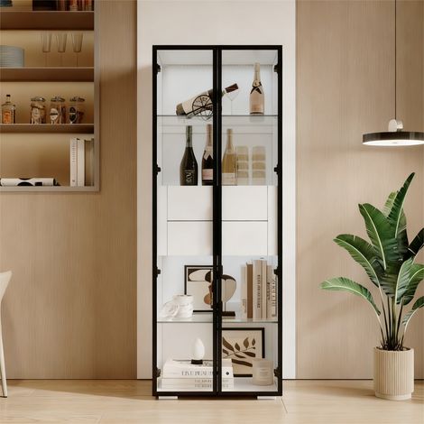 Armoire haute 6040160cm porte verre trempé éclairage LED 2 étagères verre 2 tiroirs,rangement salon déco moderne blanc. (1/5)