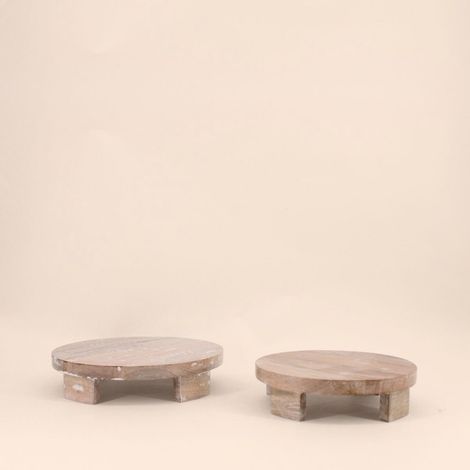 Set de 2 plateaux ronds en bois sur pieds
