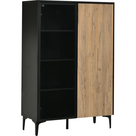 Vetrina alta in MDF con 2 ante, 1 in vetro, 90 x 40 x 135 cm, nero e legno (1/5)